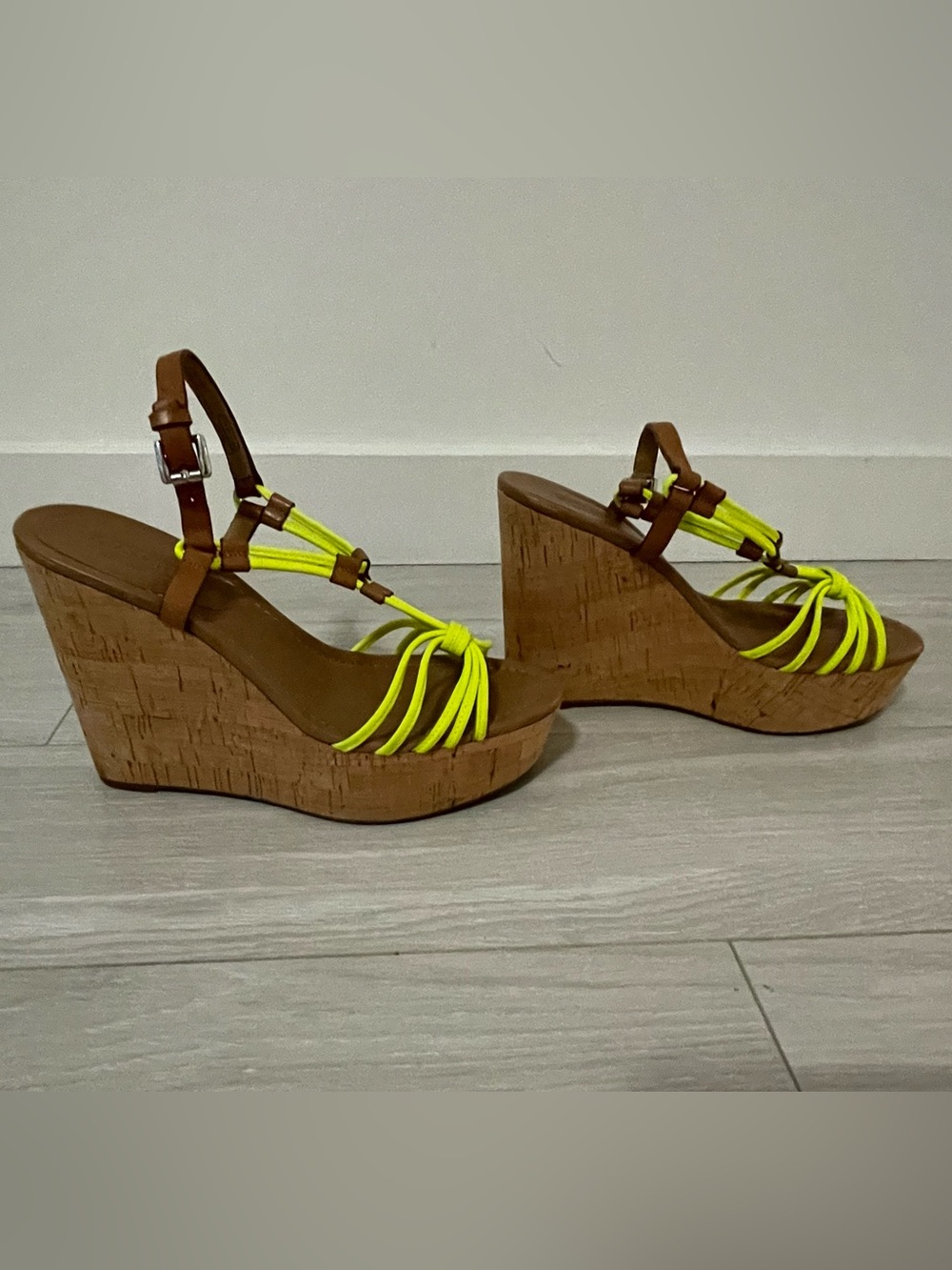 Coach Neon Yellow and Brown Cork Wedge Sandals Genuine Leather Size 9